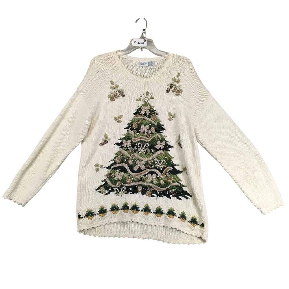 Vtg Carolina Colours Cream Holiday Sweater Womens L Christmas Tree Embellished
